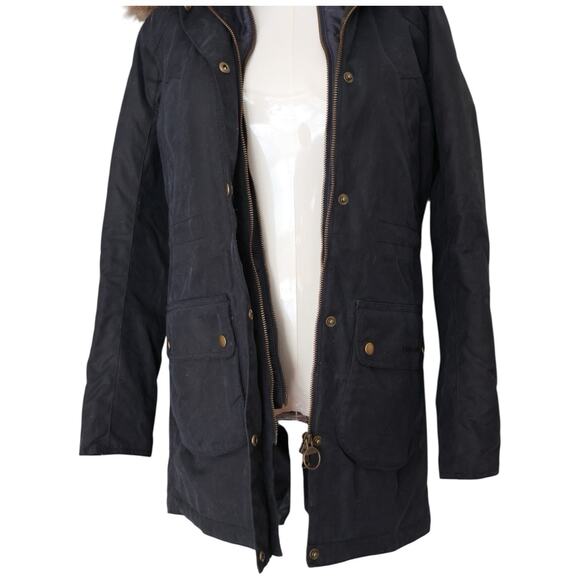 Barbour Thrunton Faux Fur-Trim Waxed Cotton Jacket In Navy Blue Women’s Size 4 - Picture 3 of 13